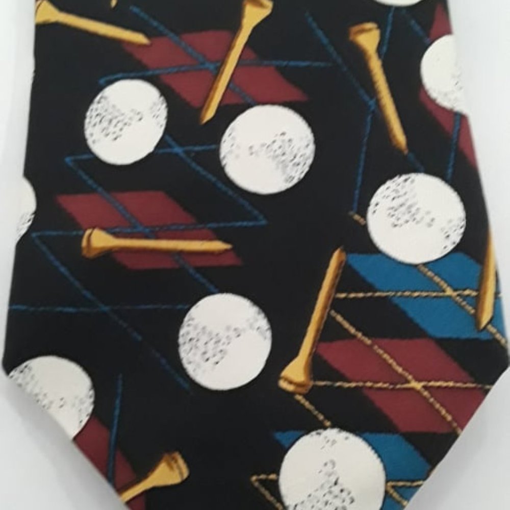 REMINGTON NECKTIE - 100% SILK NECKTIE - BLACK & WHITE WITH GOLF BALLS & TEES
